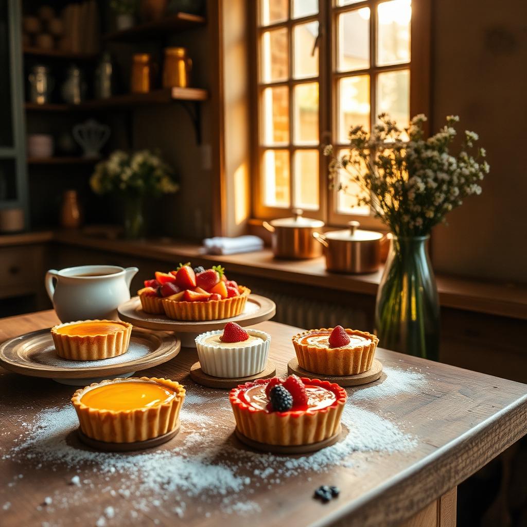 A warm British patisserie kitchen with freshly baked tarts and puddings