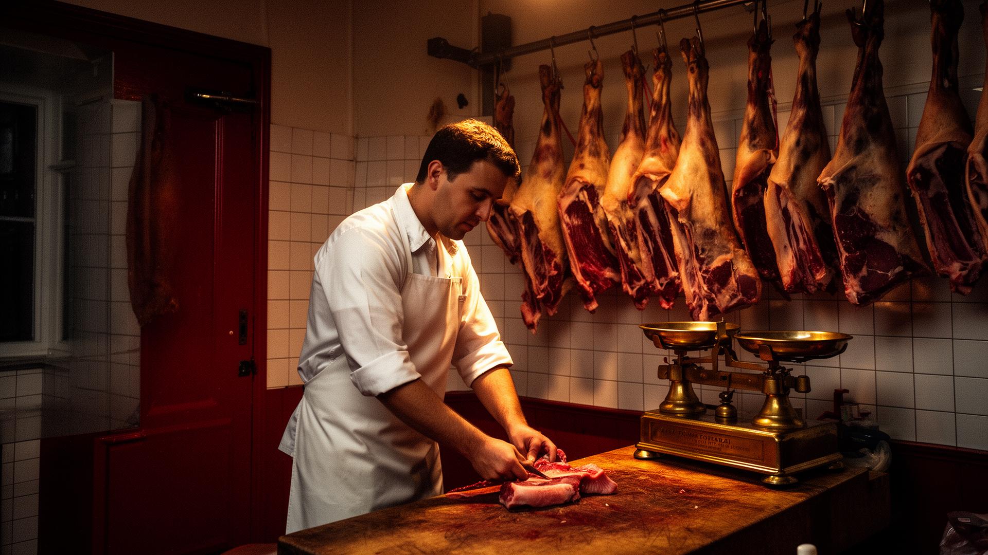 Traditional British butcher at a wooden block